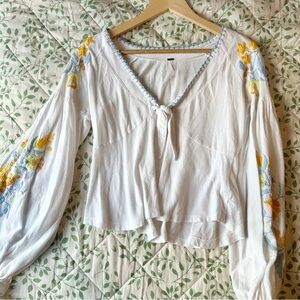 Free People Blouse Embroidered Balloon Sleeves Size XS